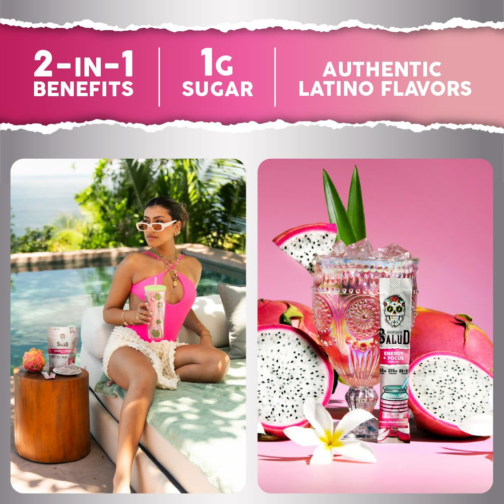 Taste Salud drink packet close-up shows refreshing dragon fruit flavor.
