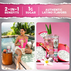 Taste Salud drink packet close-up shows refreshing dragon fruit flavor.