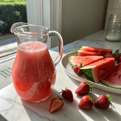 Glass with agua fresca Strawberry Watermelon from Taste Salud for refreshing hydration.