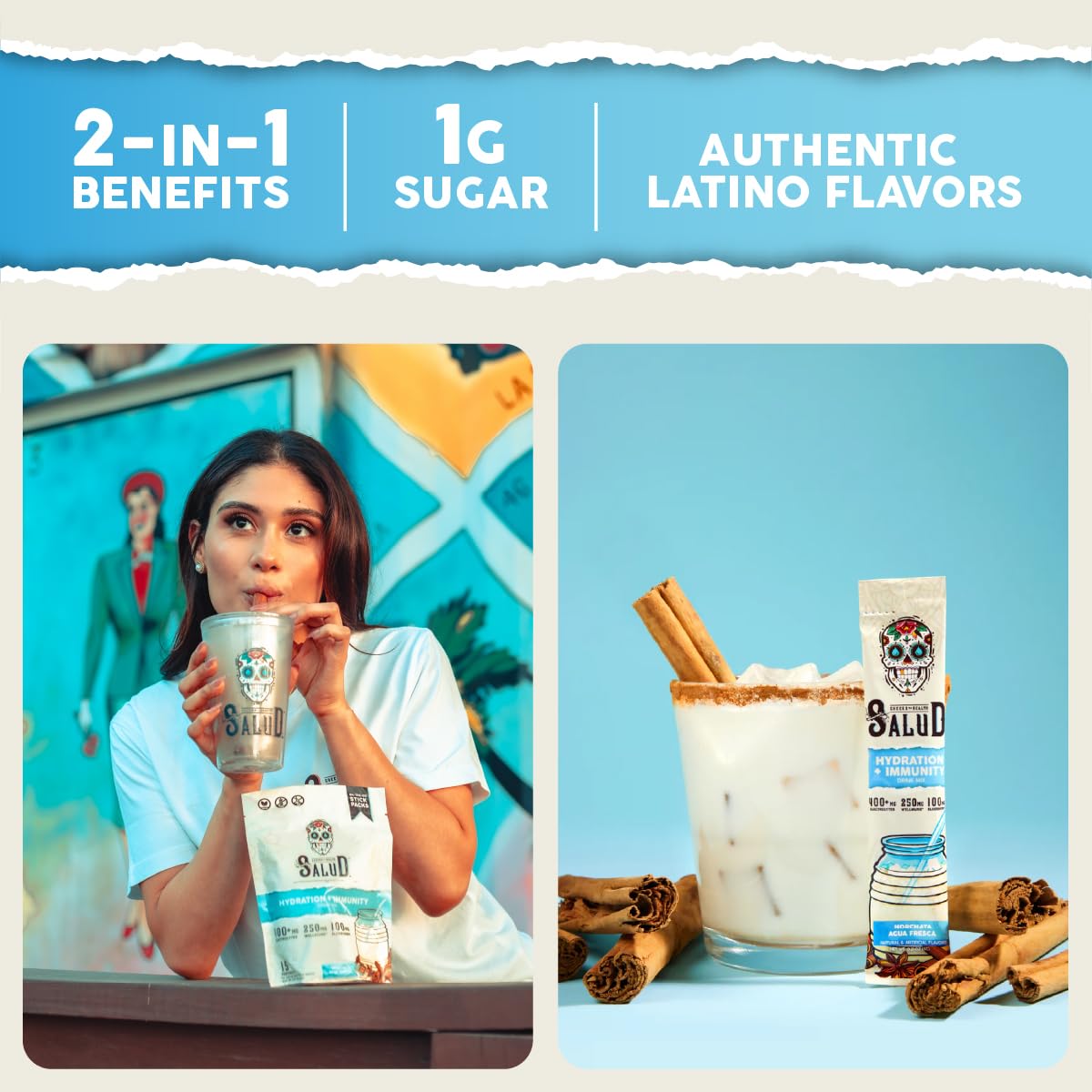 Taste Salud Horchata glass mix ready for a refreshing electrolyte drink
