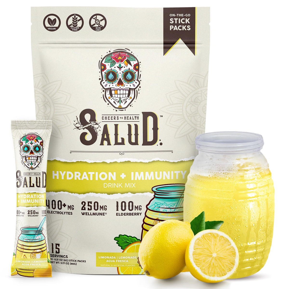 Taste Salud hydration packet being poured into a glass for on-the-go hydration.