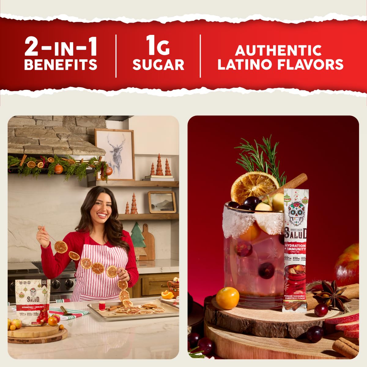 Taste Salud immunity electrolytes powder in Christmas Punch for daily immune support.