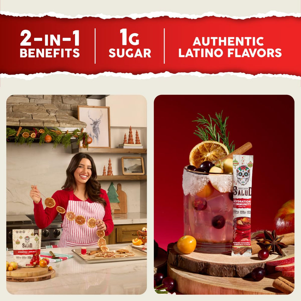 Taste Salud immunity electrolytes powder in Christmas Punch for daily immune support.