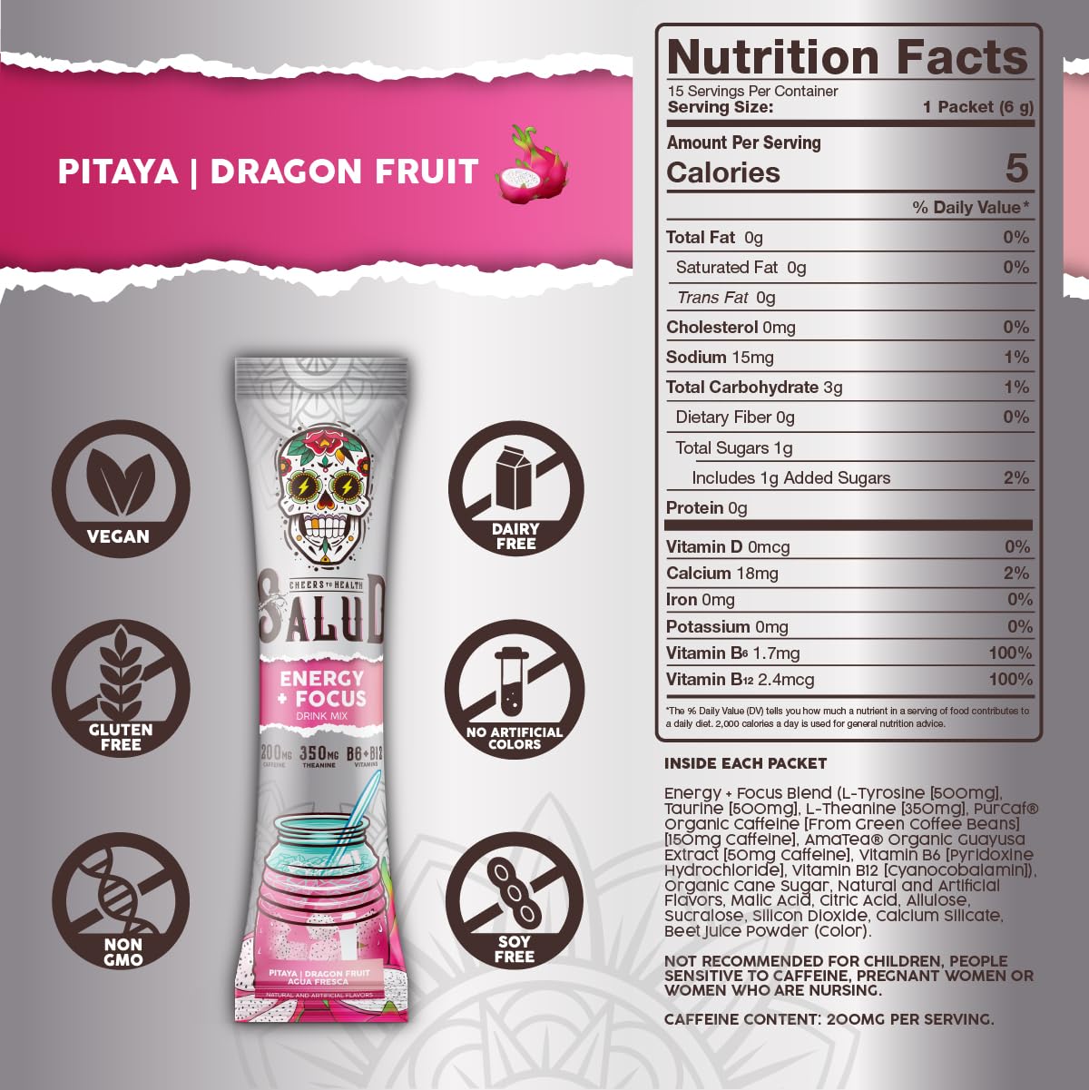 Taste Salud ingredient list highlights caffeine and amino acids for balanced energy.