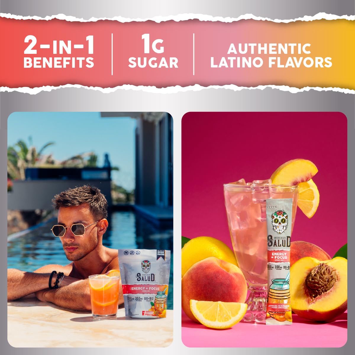 Taste Salud peach lemonade flavor label on bottle packaging.