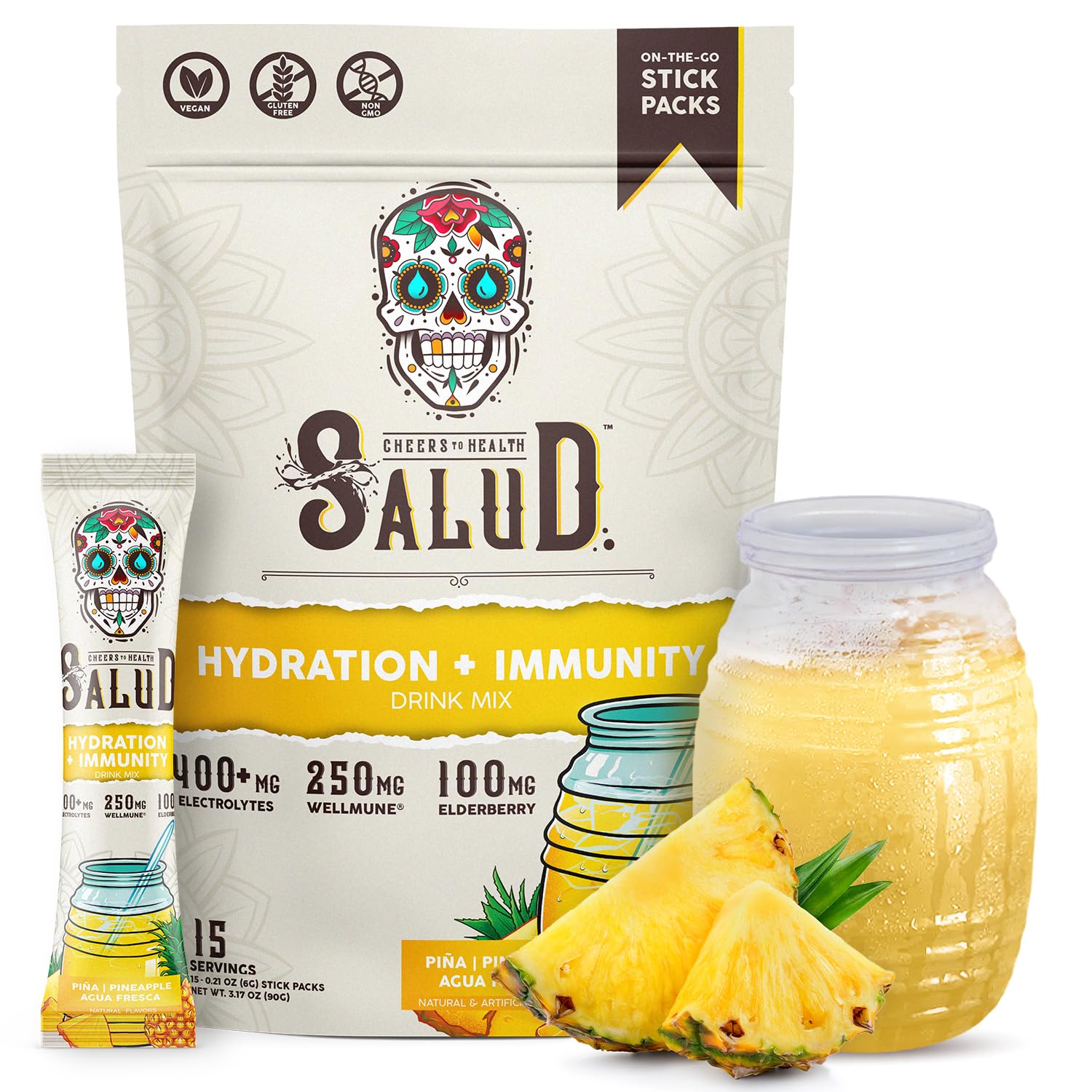 Taste Salud pineapple hydration stick pack ready for on-the-go hydration
