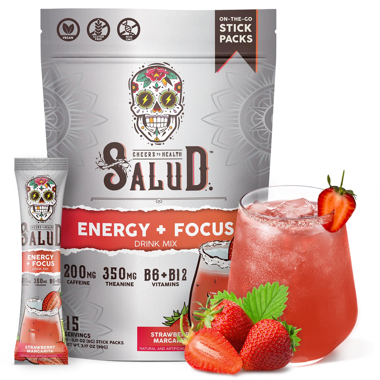 Taste Salud 2-in-1 Energy Strawberry Margarita powder packet for clean energy and focus.
