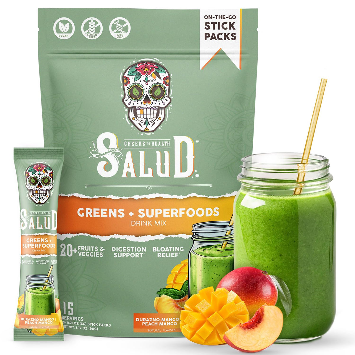 Taste Salud 2-in-1 greens packets front, ideal for daily on-the-go nutrition