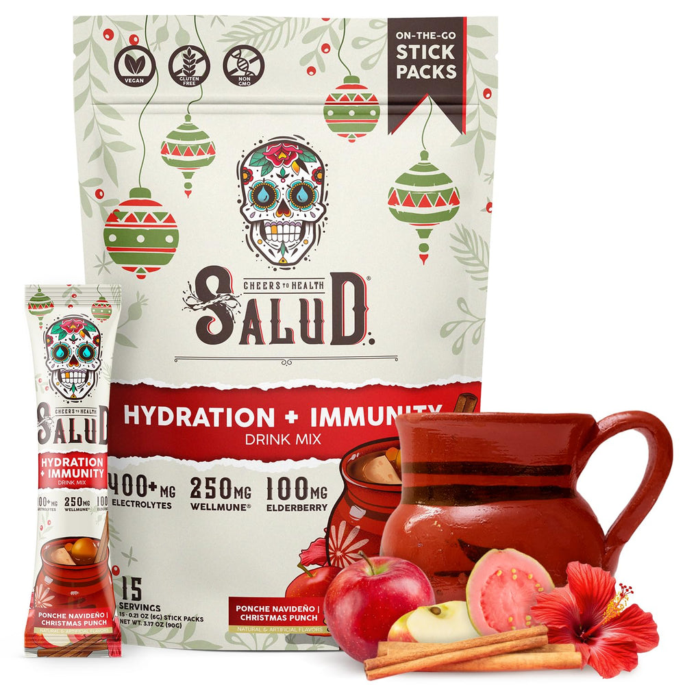 Taste Salud 2-in-1 hydration packets in Christmas Punch for on-the-go hydration and immunity support.