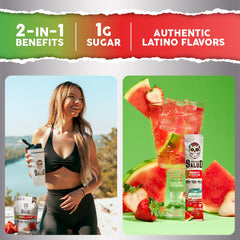 Taste Salud Salud pour into water to create agua fresca strawberry watermelon flavor.