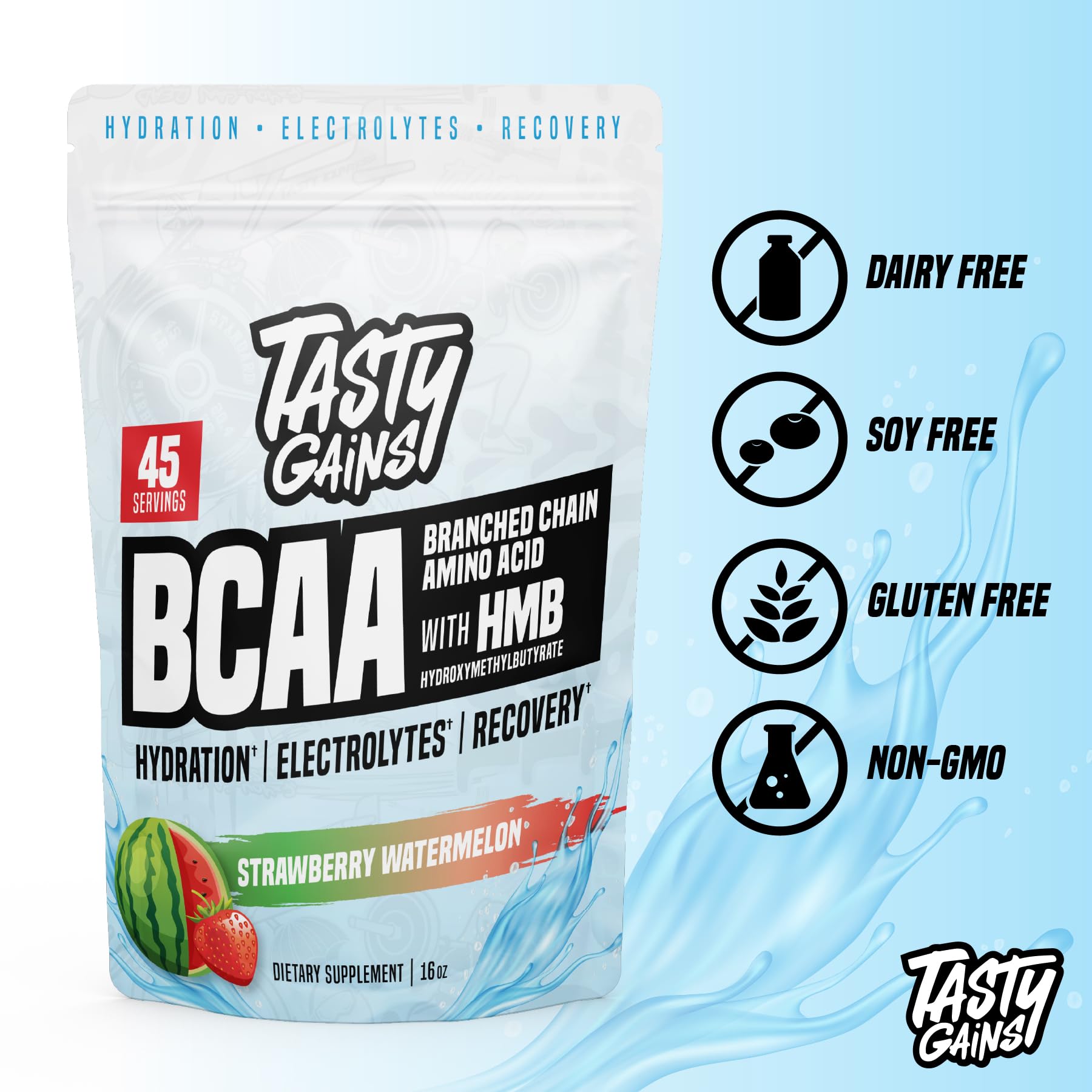 TASTY GAINS powder dissolving in water with a strawberry watermelon flavor.