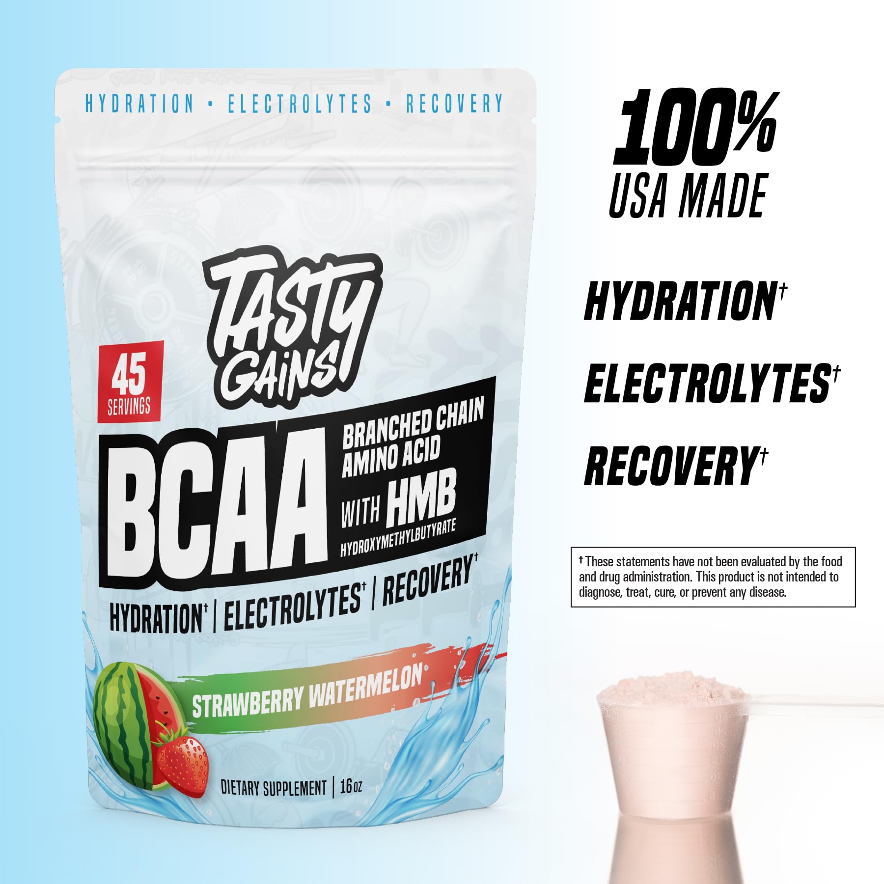 TASTY GAINS scoop pouring into a shaker for hydration and energy.