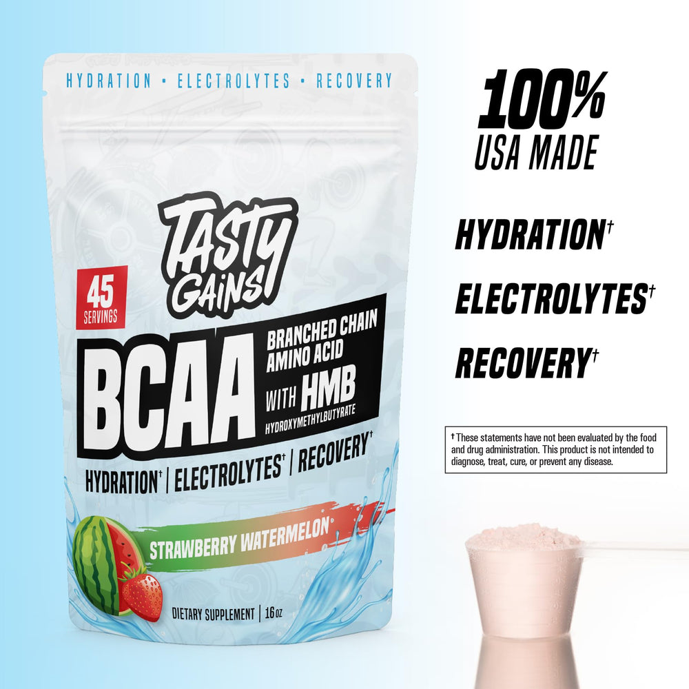TASTY GAINS scoop pouring into a shaker for hydration and energy.