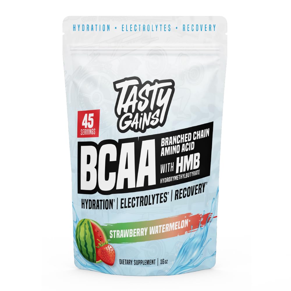 TASTY GAINS BCAA with HMB tub top view for convenient recovery support.