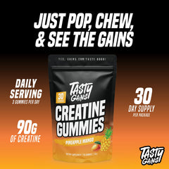 TASTY GAINS Creatine Gummies bottle close-up showing a 90 g container for daily use.