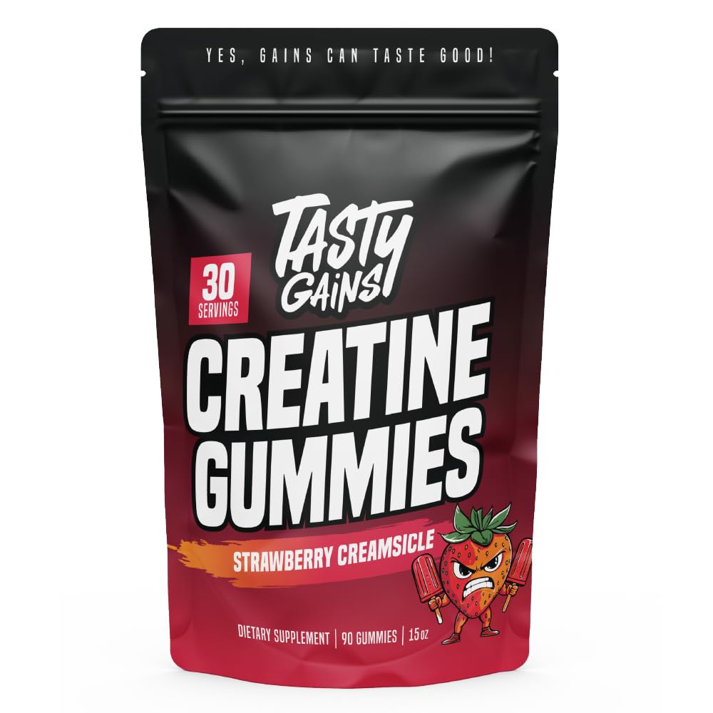 The TASTY GAINS Creatine Gummies bottle provides convenient daily supplementation for workouts.