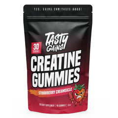 The TASTY GAINS Creatine Gummies bottle provides convenient daily supplementation for workouts.