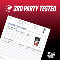 TASTY GAINS gummies appear in a gym scene, suggesting easy dosing for consistent training days.