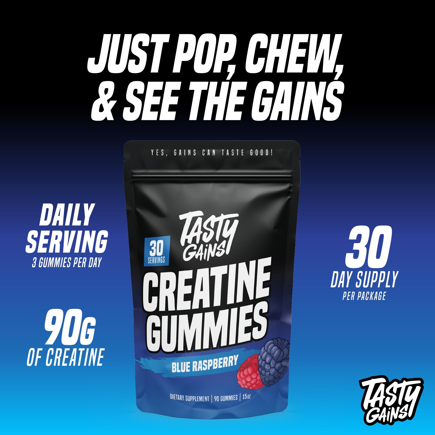 TASTY GAINS Creatine Gummies jar closeup highlights 1 g per gummy.