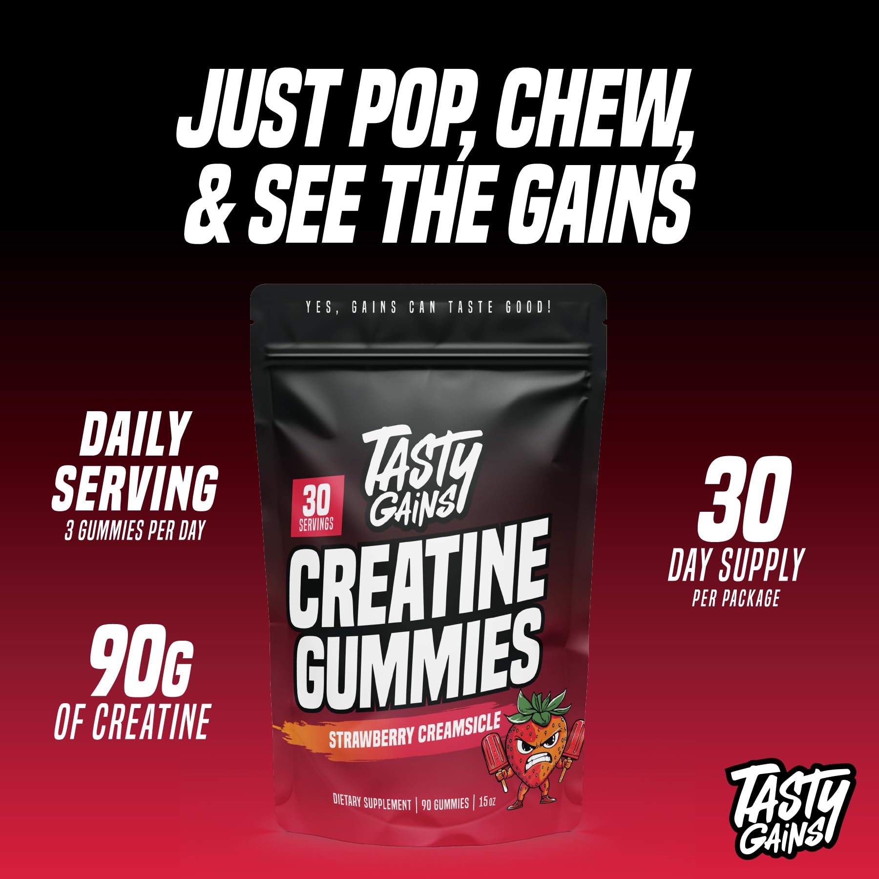 A close-up shows TASTY GAINS gummies with strawberry cream flavor ideal for a tasty workout snack.