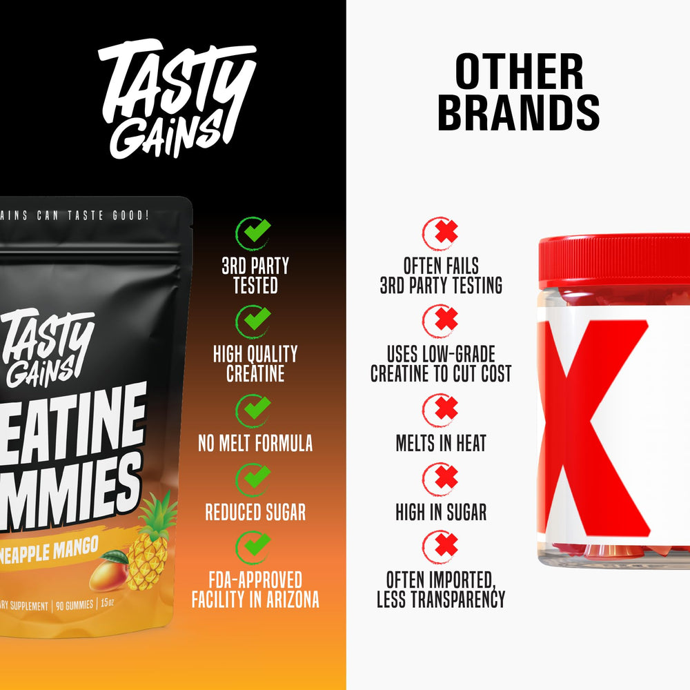 TASTY GAINS Creatine Gummies Made in USA label highlights quality manufacturing.