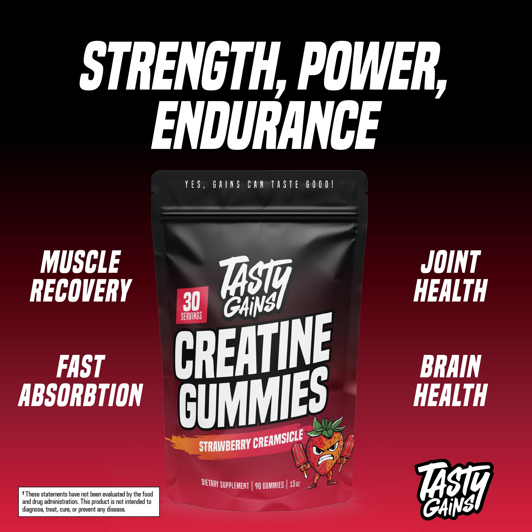 A visible Non-GMO badge accompanies TASTY GAINS gummies for clean ingredients.