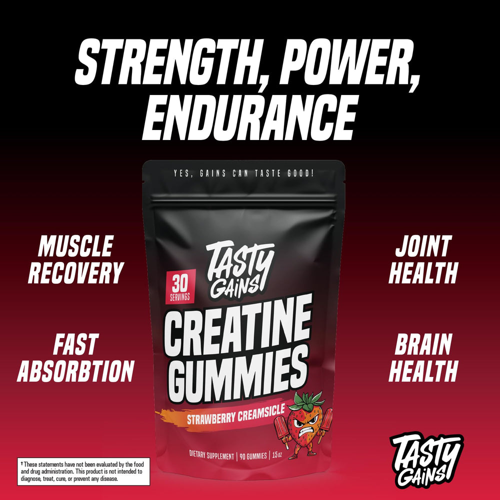 A visible Non-GMO badge accompanies TASTY GAINS gummies for clean ingredients.