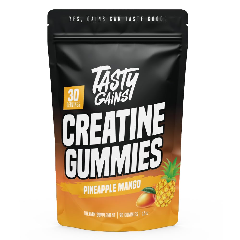 TASTY GAINS Creatine Gummies packaging with Pineapple Mango flavor for convenient supplementation.