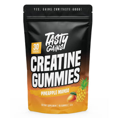 TASTY GAINS Creatine Gummies packaging with Pineapple Mango flavor for convenient supplementation.
