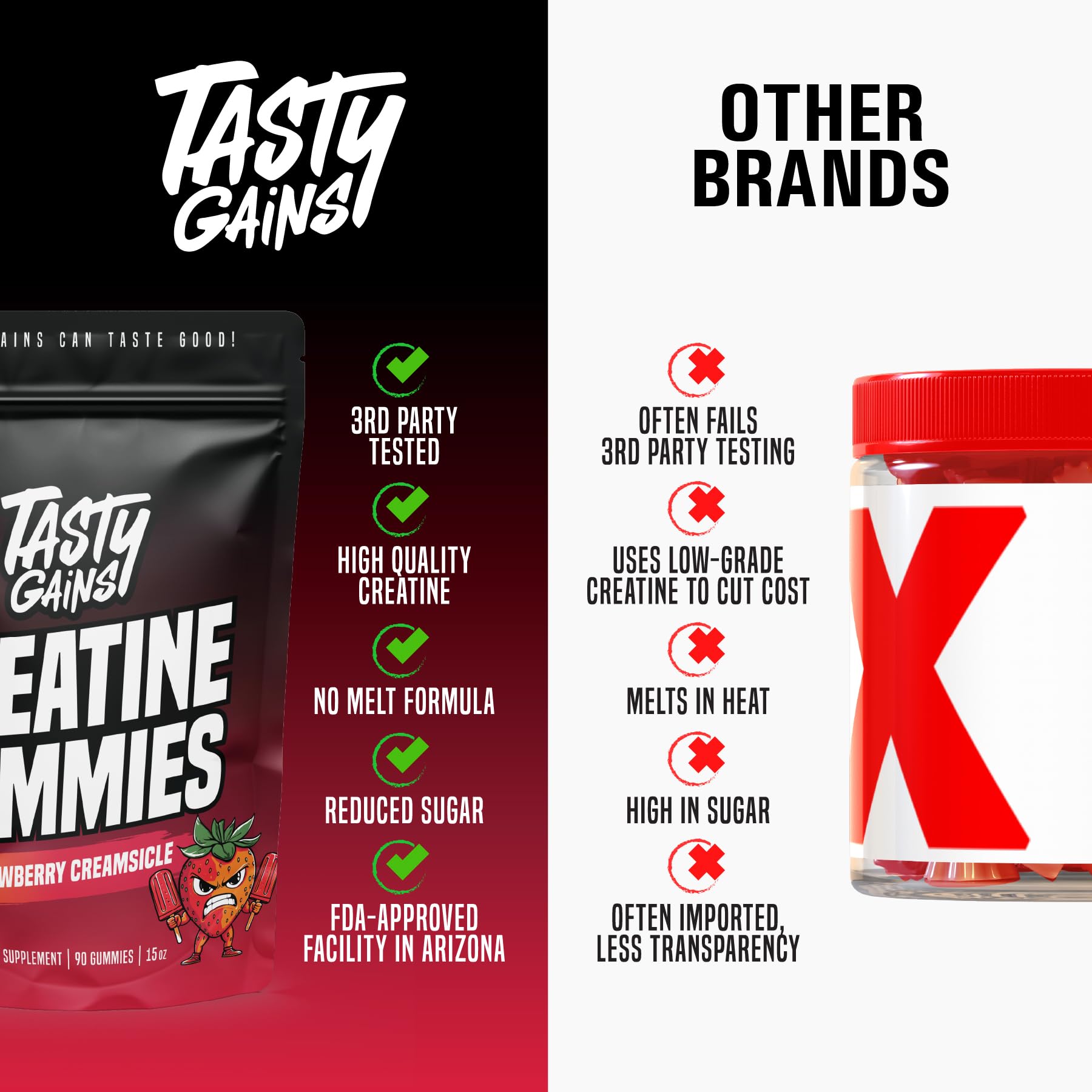 The packaging for TASTY GAINS Creatine Gummies highlights USA-made quality.