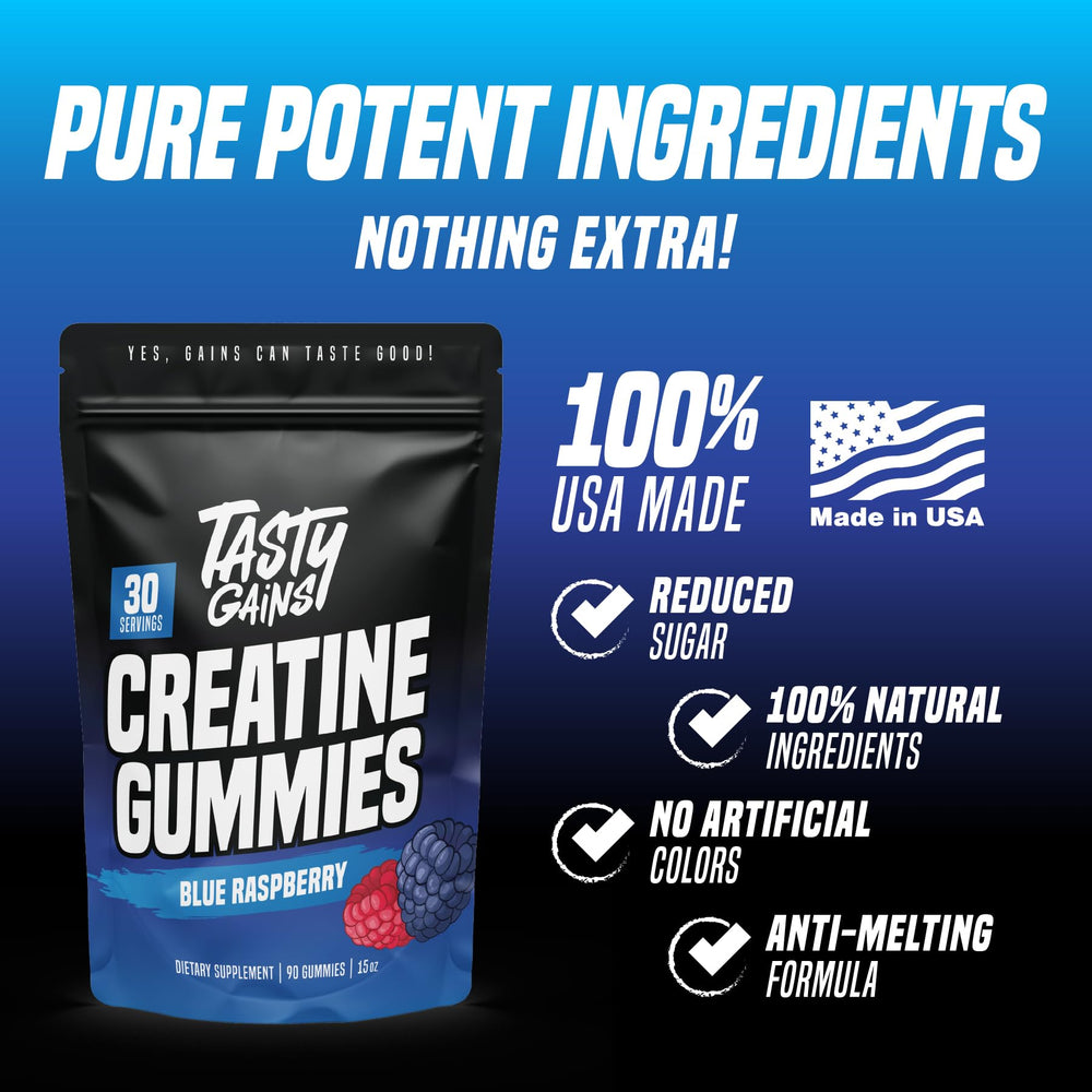 TASTY GAINS Creatine Gummies serving in hand demonstrates convenient daily use.