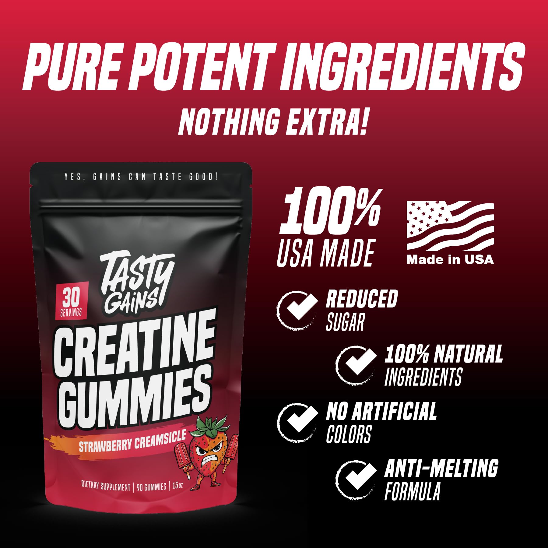 TASTY GAINS Creatine Gummies strawberry creamsicle flavor supports gym enjoyment and daily supplementation.