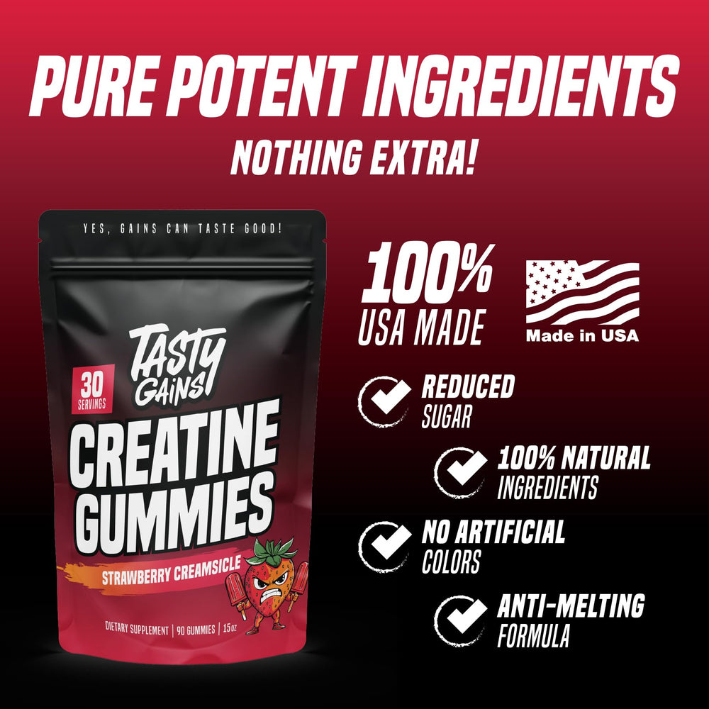 TASTY GAINS Creatine Gummies strawberry creamsicle flavor supports gym enjoyment and daily supplementation.