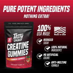 TASTY GAINS Creatine Gummies strawberry creamsicle flavor supports gym enjoyment and daily supplementation.