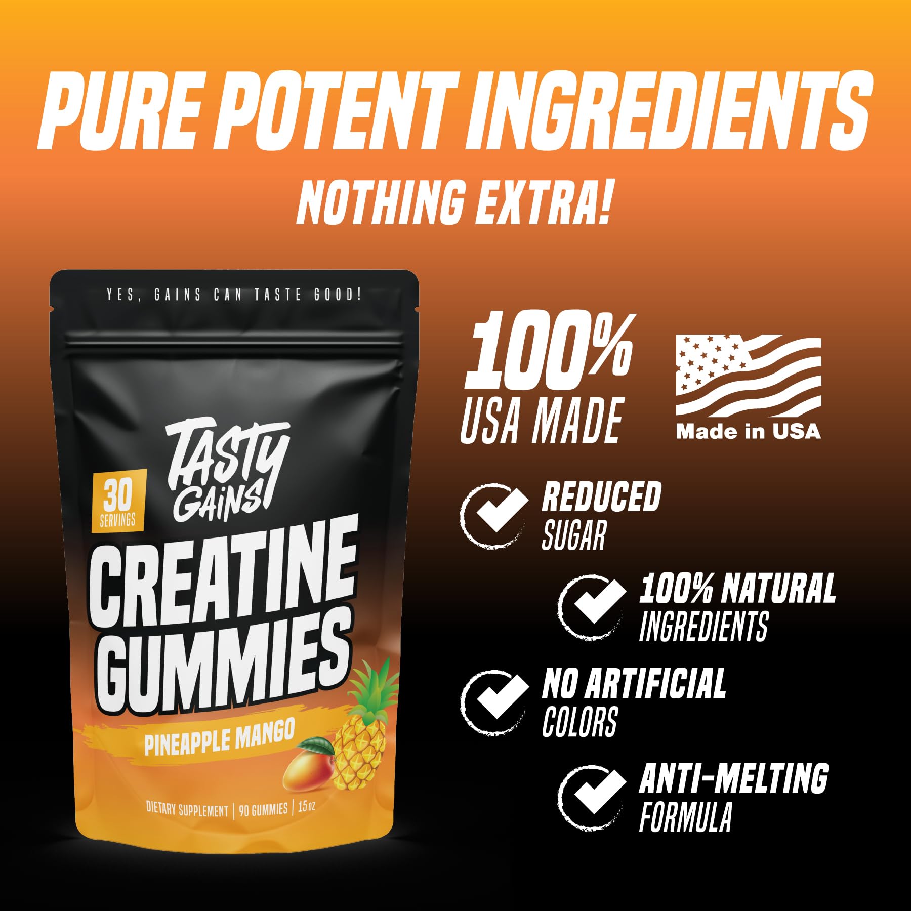 Close-up of TASTY GAINS Creatine Gummies texture indicating chewy candy-like form.