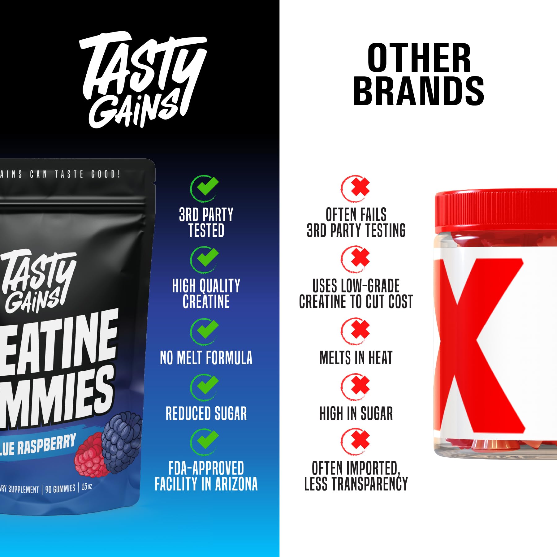 TASTY GAINS Creatine Gummies USA-made label on bottle.