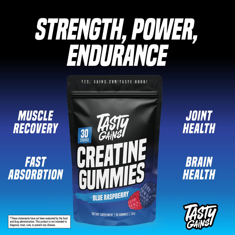 TASTY GAINS Creatine Gummies vegan-friendly snack for gym recovery.