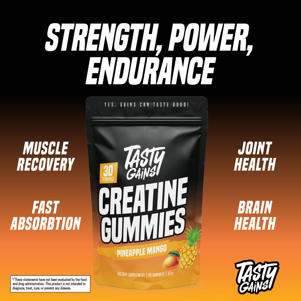 TASTY GAINS Creatine Gummies on a workout surface illustrating use during training.