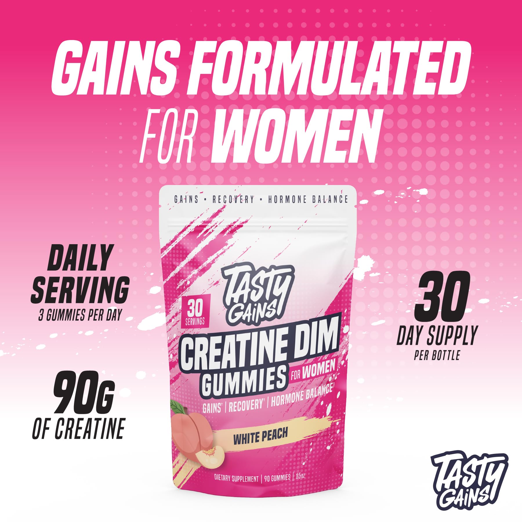 TASTY GAINS DIM Hormone Balance Gummies label highlights estrogen support.