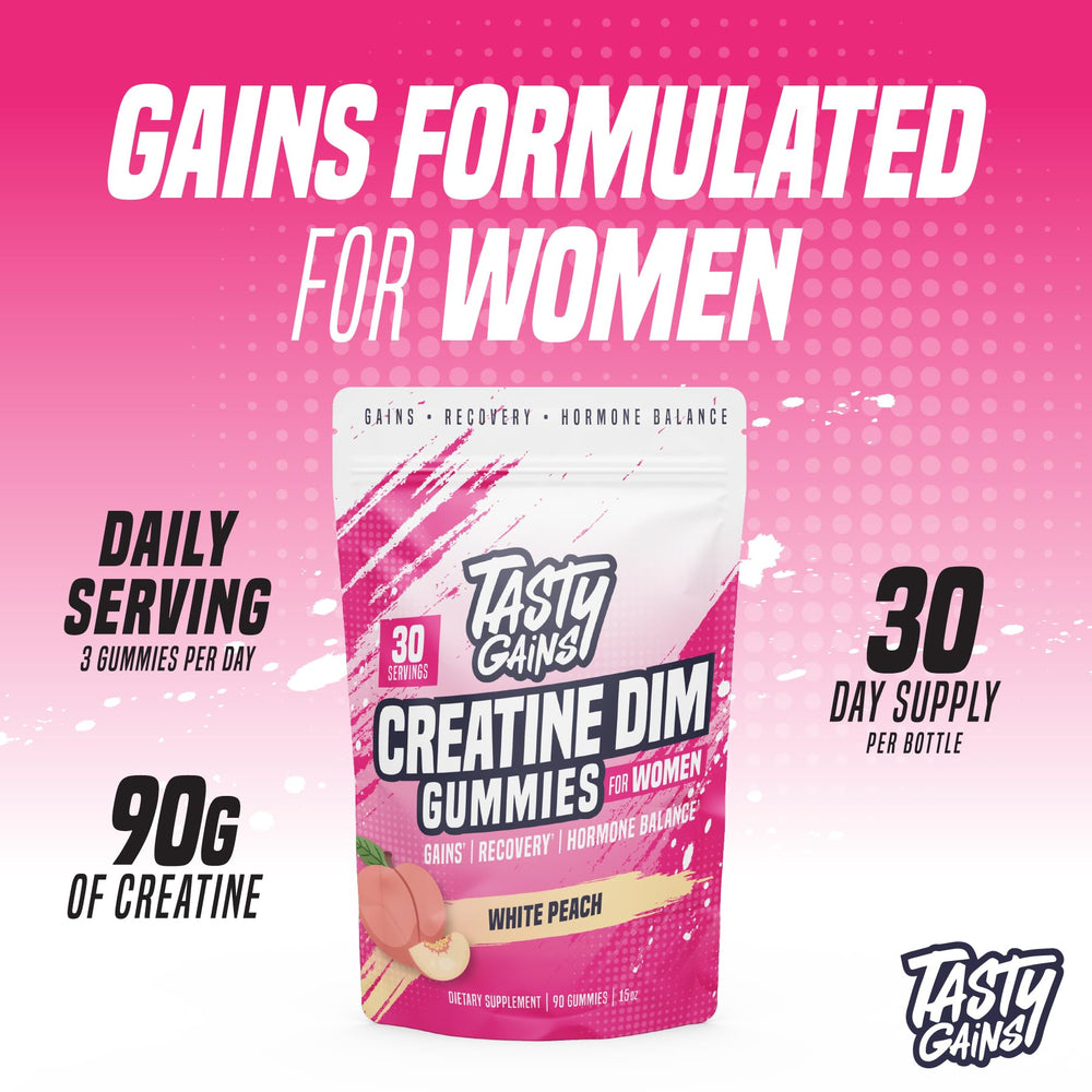 TASTY GAINS DIM Hormone Balance Gummies label highlights estrogen support.