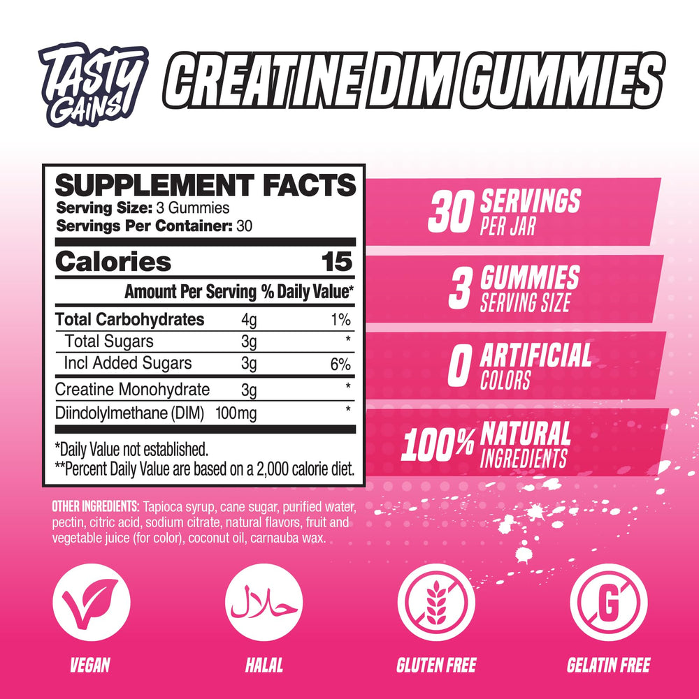 TASTY GAINS Made in USA facility seal emphasizes quality manufacturing.