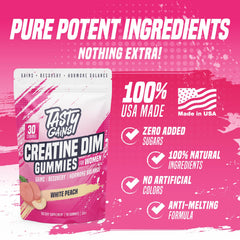 TASTY GAINS Vegan Creatine Gummies close-up on plant-based formula.