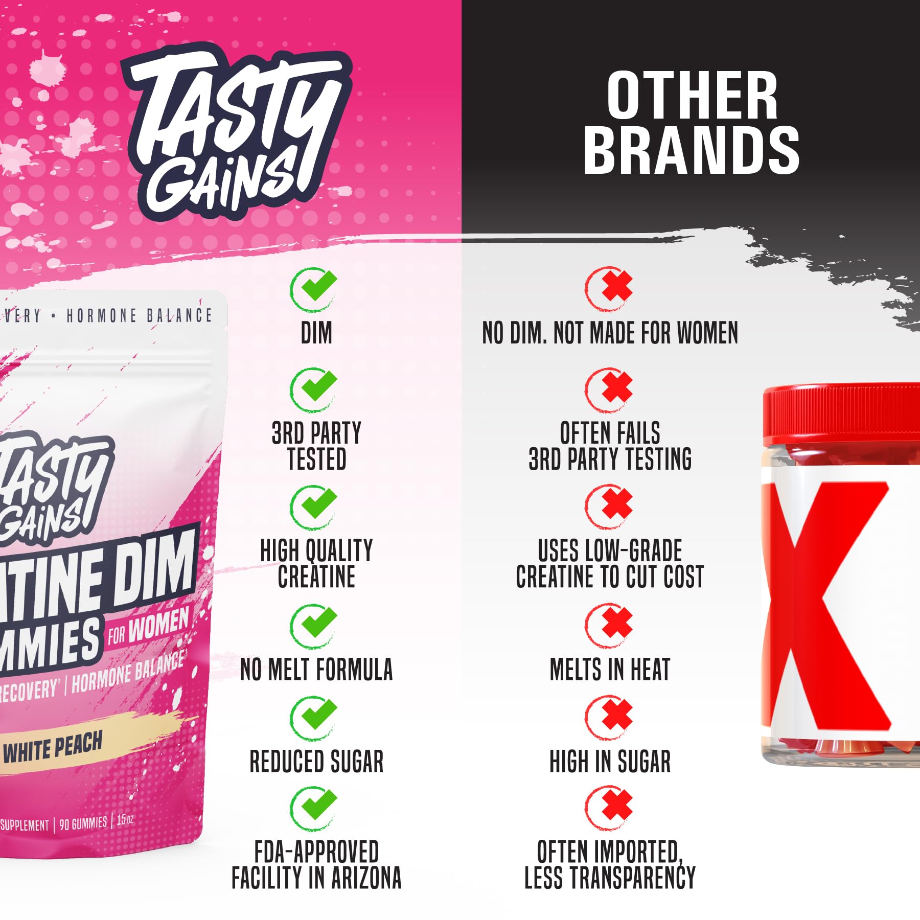 TASTY GAINS White Peach flavor gummies, appealing and on-the-go friendly.