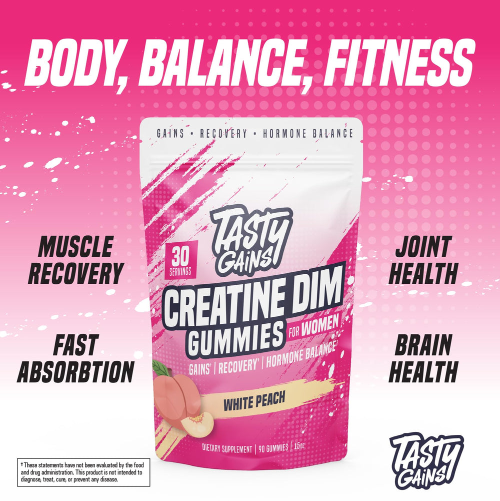TASTY GAINS Woman lifting during a glute-focused workout using gummies.