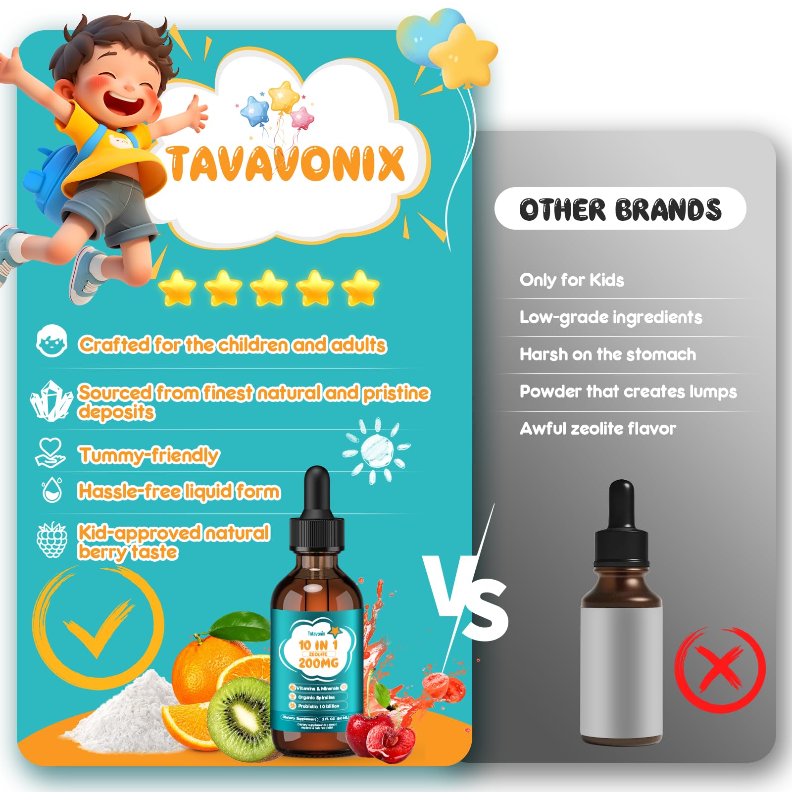 Tatavonix 10-in-1 formula highlighting spirulina and chlorella ingredients.