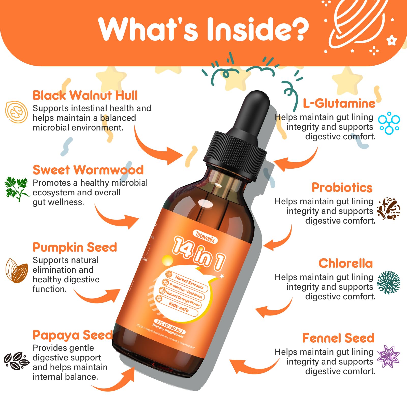 Tatavonix 14-in-1 drops shown, easy to mix in water for mild daily support.