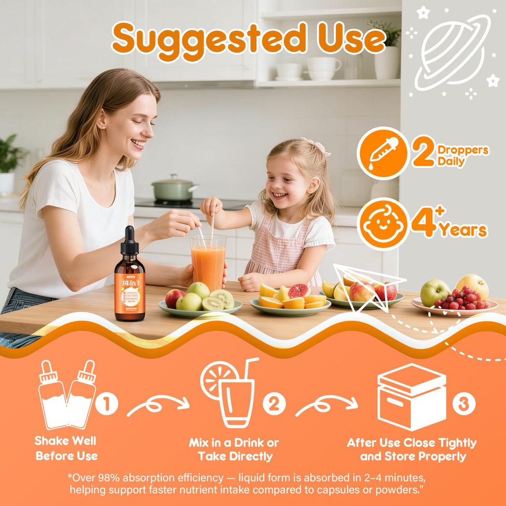 Tatavonix 14-in-1 label highlights kid-friendly, alcohol-free formula.