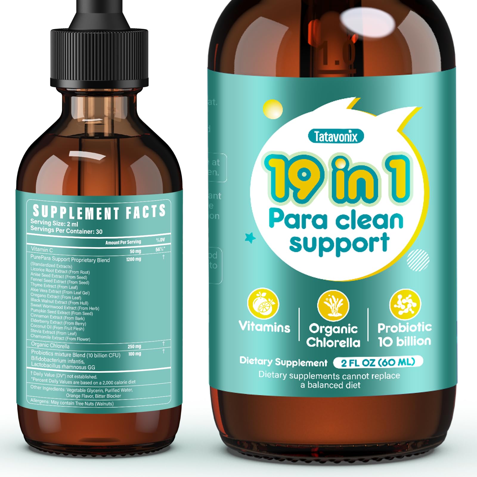 Tatavonix 19in1 gut cleanse bottle pour showing easy daily dosing for families