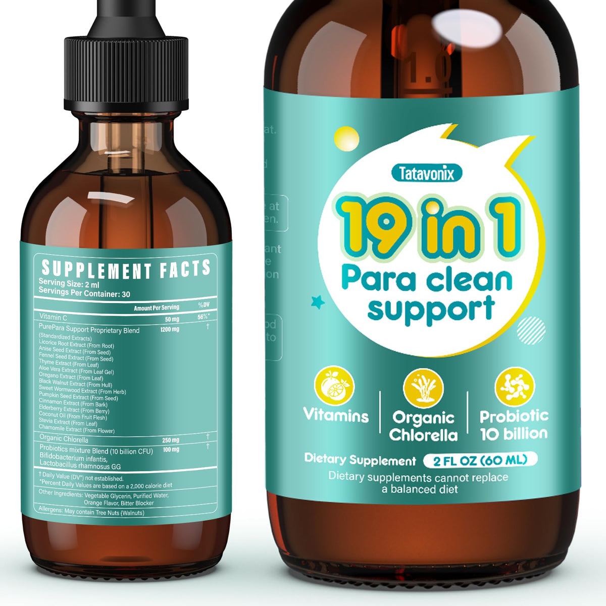 Tatavonix 19in1 gut cleanse bottle pour showing easy daily dosing for families