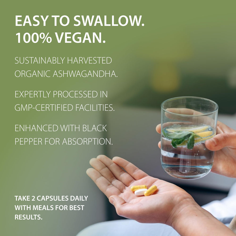 Tattva's Herbs Ashwagandha capsules label close-up, emphasizing vegan and allergen-conscious formulation.